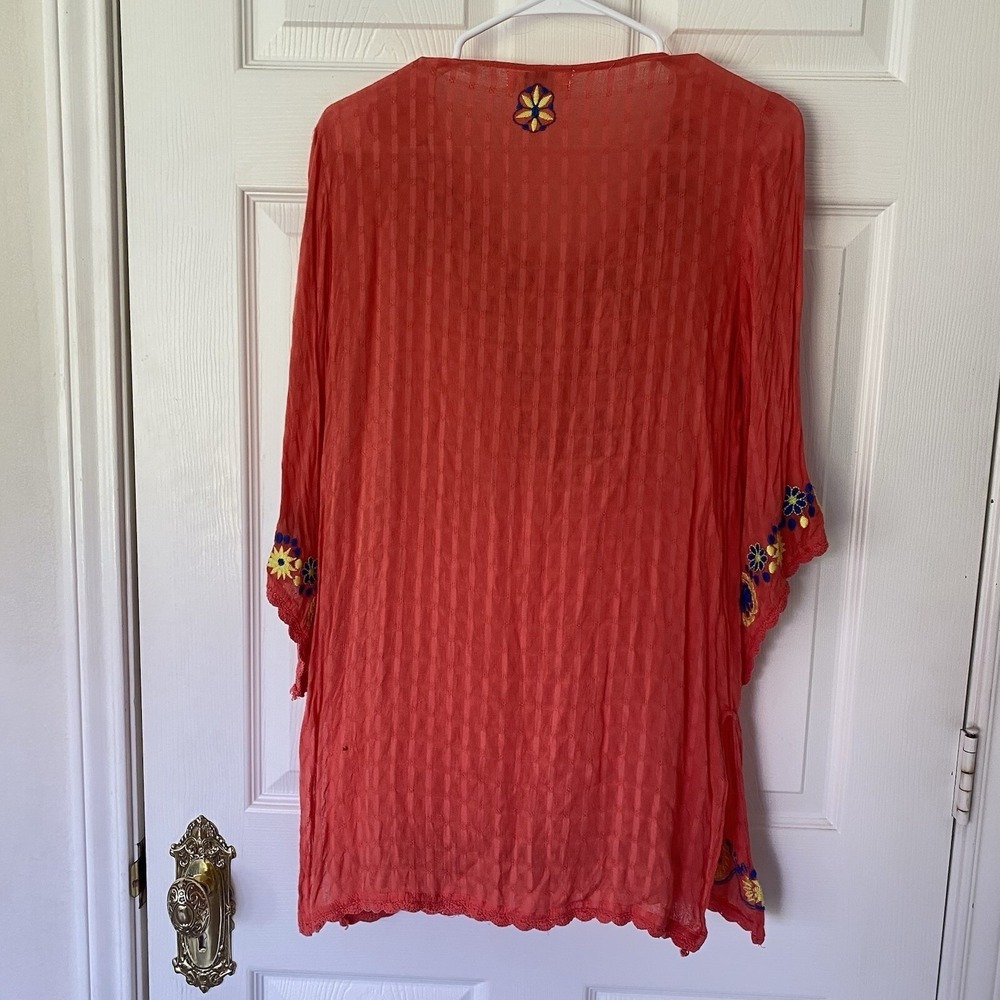 Umgee Coral Embroidered Boho Tunic Top Floral Peasant Blouse Women's L - Picture 7 of 9